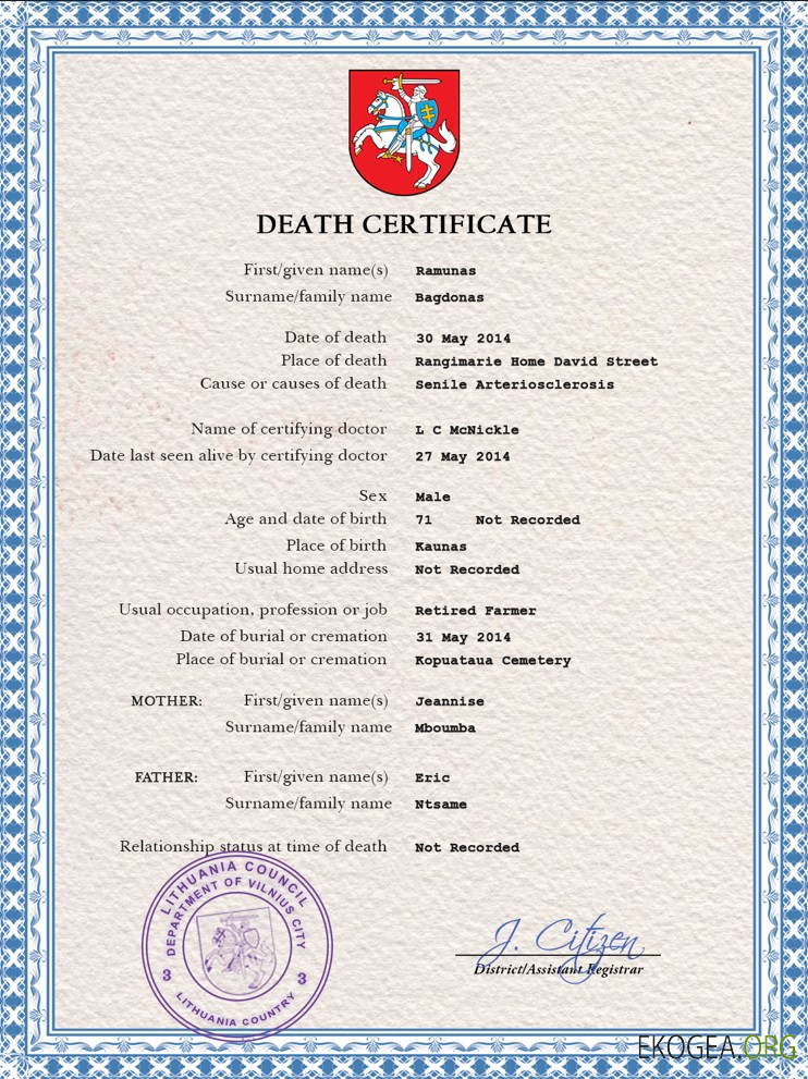 Modèle PSD de certificat de décès de Lituanie